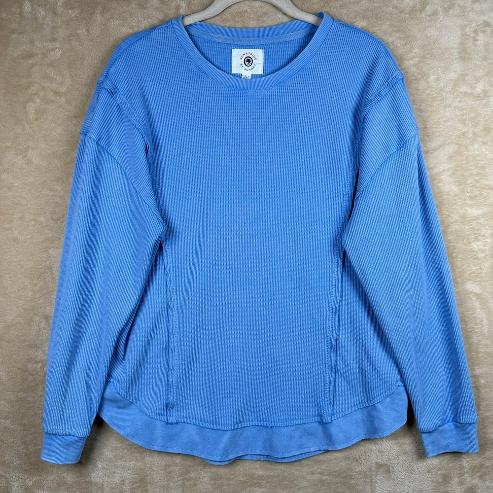 Sunnyside by Sundry Womens Med Blue Waffle Knit Thermal Long Sleeve Oversize Top